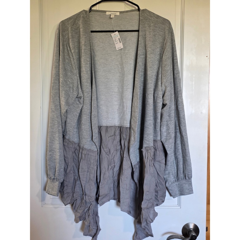 Maurices Womens Gray Mixed Media Ruffle Hem Open Front Cardigan Large NWT